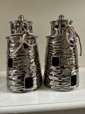 Set of 2 NEW Silver Lighthouse Figuerine GC Naturals Potpourri Sachet Holders