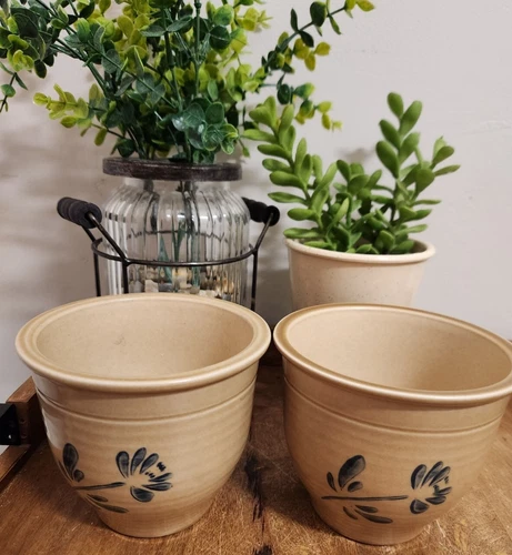 TWO Vtg Pfaltzgraff Folk Art 4½"x5" FTDA Stoneware Flower Pot-Planter-Crock EUC