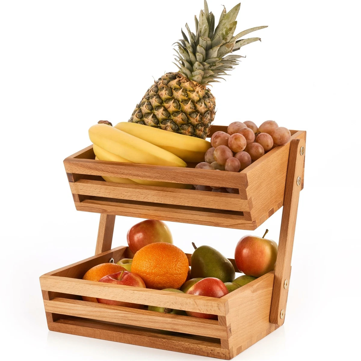 4-Tier Wood Fruit Vegetable Storage Rack Stand Stackable Fruit Basket Organizer Rack for Kitchen - Brown