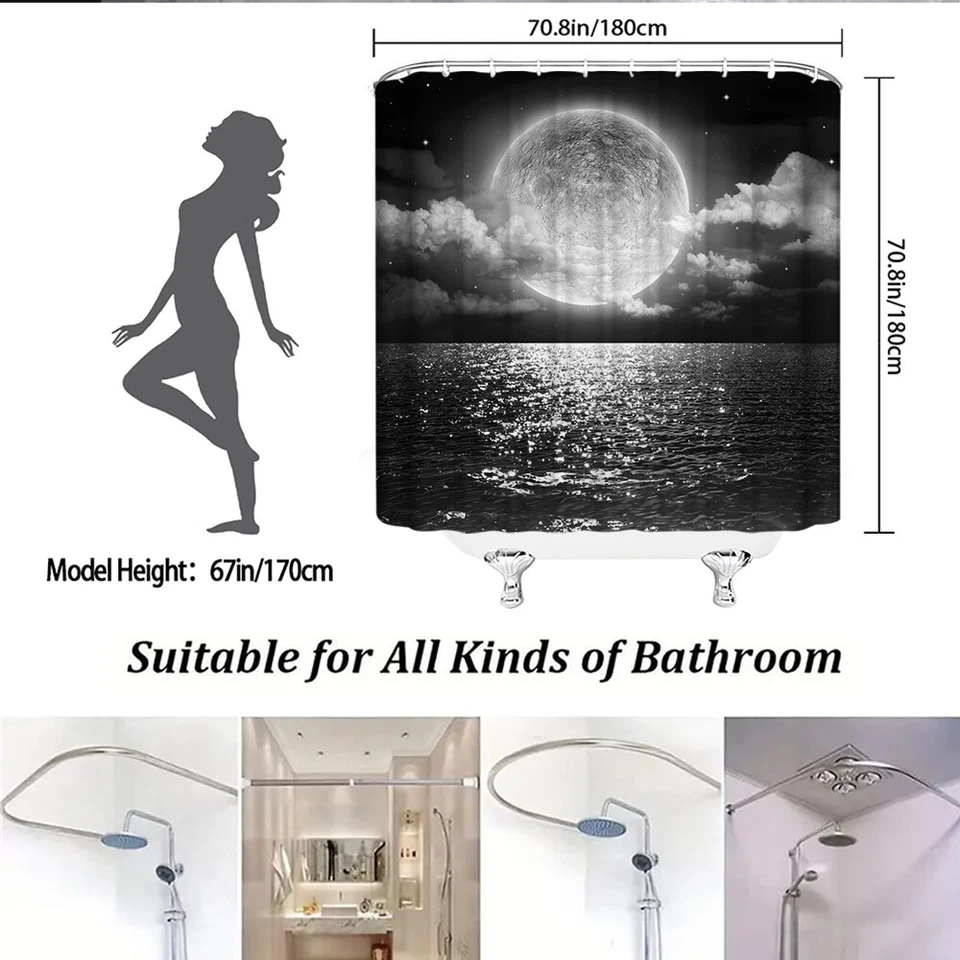 Cortina de ducha Moonlight Ocean blanco y negro cielo nocturno mar estrellado baño decoración Foto 3 de 4
