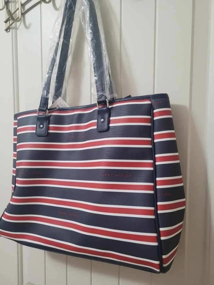 TOMMY HILFIGER Large Striped Tote Bag Red White Blue New With Tags