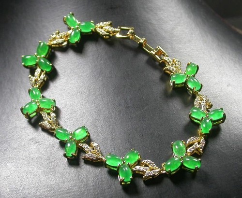Genuine Green Jade Cabochon Oval Cubic Zirconia Flower 18KGP Bangle Bracelet - Picture 2 of 7