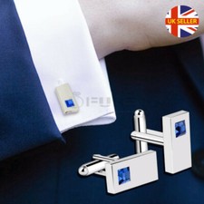 Cuff Links Blue CZ Rectangle Cufflinks Silver Mens Groom Best Man Wedding Gift