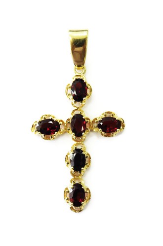 18K Yellow Gold Garnet Cross Crucifix 