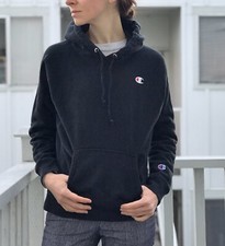 Vintage Champion Hoodie Reverse Weave Sweatshirt Black Vtg Embroidered Logo