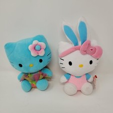HELLO KITTY Sanrio Ty Beanie Baby Easter Bunny Ears pink & blue Beanbag Plush