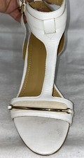 Nine West White Leather Sandals Shoes Women's 9M Gold Metal Trim Wood Heel Nice!