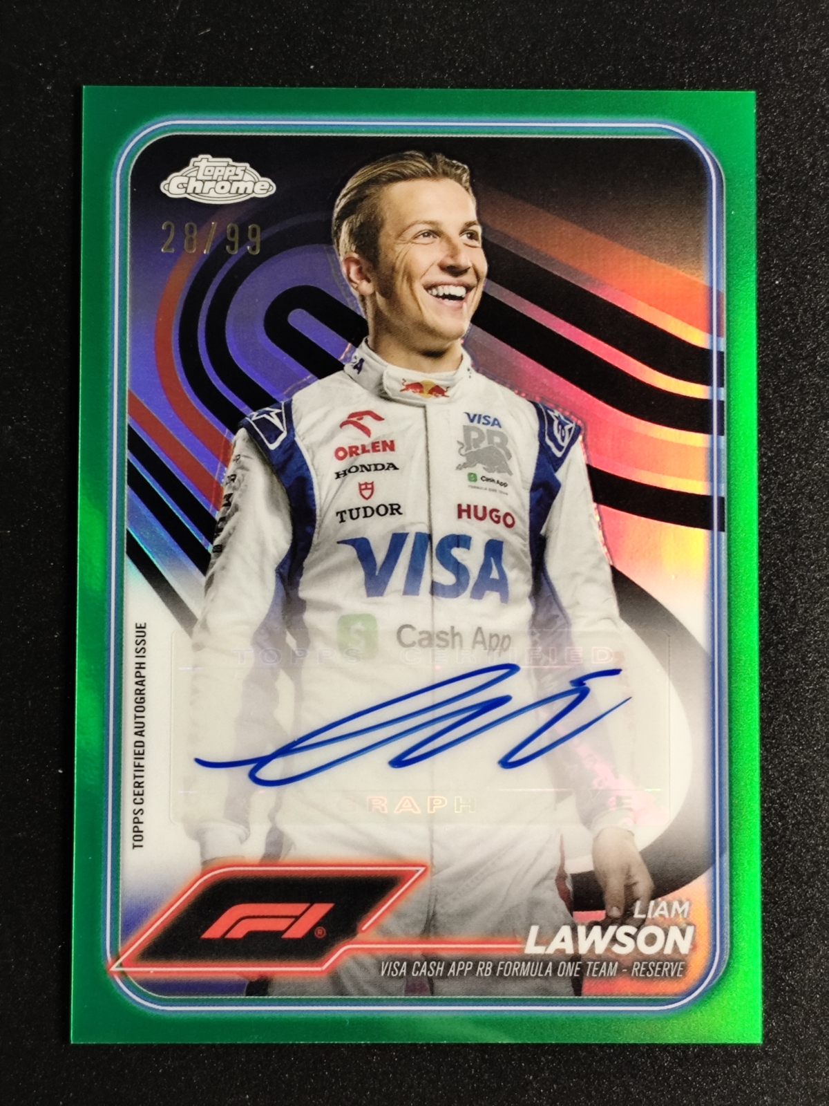 Liam Lawson 2024 Topps Chrome Formula 1 F1 Auto Green Refractor 28/99 -FZ