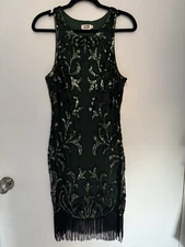 Molly Bracken Forest Green Elegant Sequin Flapper Fringe Evening Dress Size Med