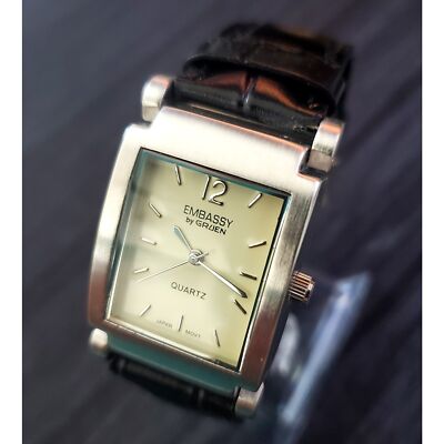 Rare Hinged Lug Embassy Gruen Vintage Men's Tank Watch New Old Stock New Battery