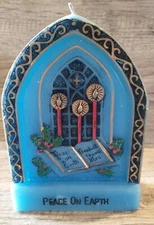 Vintage Jasco Cathedral Church Window Peace On Earth  Figural Christmas Candle
