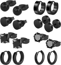 8Pcs 12MM Men Women Black Stud Earrings Round Surgical Stainless Steel Jewellery