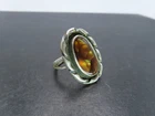 Vtg Sterling Silver & Fire Agate Ring, Signed Bug R or OR, Size 7.25, 8g