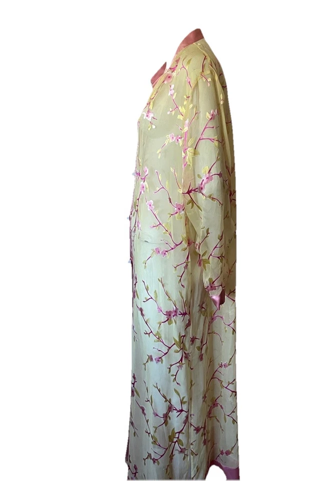 Dreamsacks Silk Night Gown & Sheer Kimonos Yellow Pink Cherry Blossom Size L - Image 4 of 4