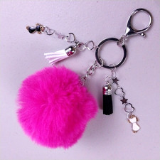 Keychain, Bag Charm, Purse Charm, Pink Pom-Pom with Charms 167
