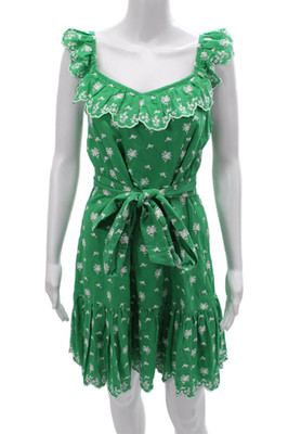 Roller Rabbit Women Sundress Green Linen Floral V Neck Short Sleeveless Size S