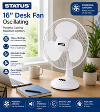 status 16 Inch Desk Fan 3 Speed Table Fan Cooling Oscillating Function - White