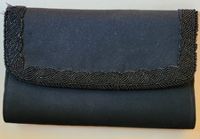 Vintage Black Satin Beaded Handbag Clutch Purse Evening Bag - Made In Macau