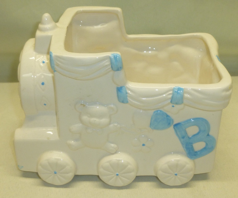Vintage Ceramic Baby Nursery Planter Vase Train White with Blue 1980's floral