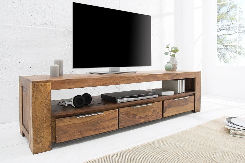 TV Lowboard Holz Sheesham 170 cm breit 3 Schubladen großes Fach Fernsehboard - Bild 2 von 4