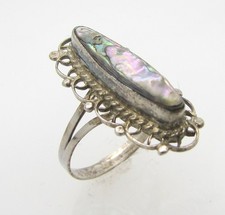 925 STERLING SILVER ABALONE LONG OVAL FILIGREE LADIES RING SIZE 6.5  2.3G