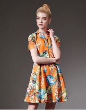 Orange Floral Print Short Sleeved Fit and Flare Dress With Buttons