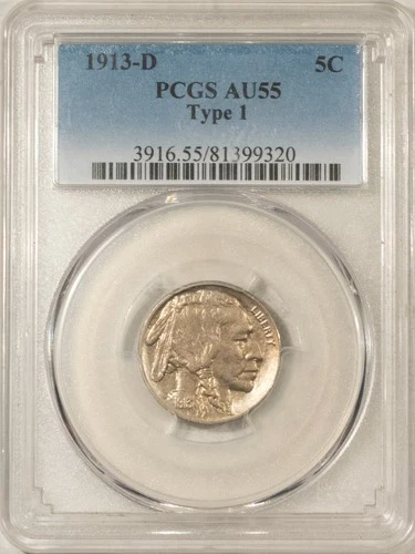 1913-D BUFFALO NICKEL TYPE 1 - PCGS AU-55, ORIGINAL LUSTROUS