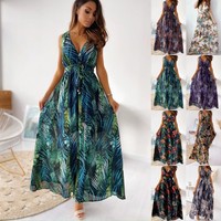Womens Floral Boho Maxi Dress Summer V-Neck Holiday Beach Long Dresses Size 6-18