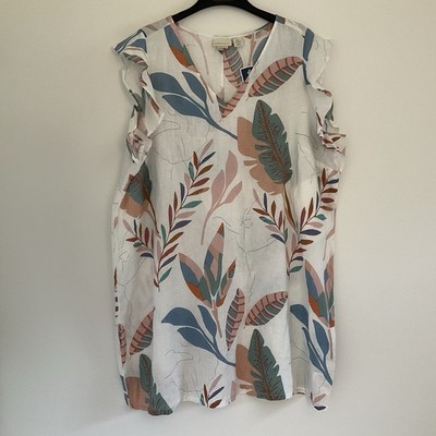 NWOT Cynthia Rowley 100% Linen Leaf Print Shift Dress Plus Size 3X