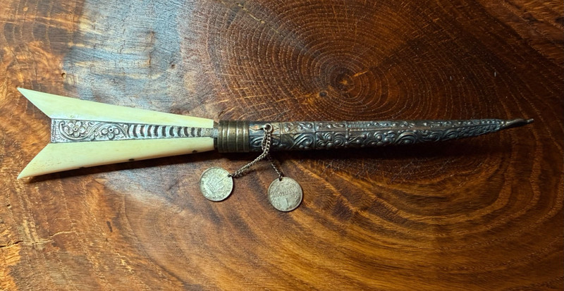 Vintage Cretan Knife Kritiko Machairi Greek Dagger Bone Ornate Sheath 1901