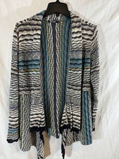 NIC ZOE Women's XL Cream Blue Green Print Knit Open Cardigan Sweater