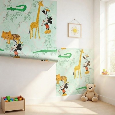 Disney Mickey Mouse Tapete Rolle 0,53x10m Grün Pastell Dschungel Tiere Dekor