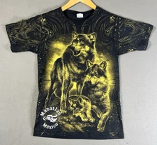 Vintage 90s AOP Wolf T-Shirt All Over Print Mens S Front and Back Black Y2K