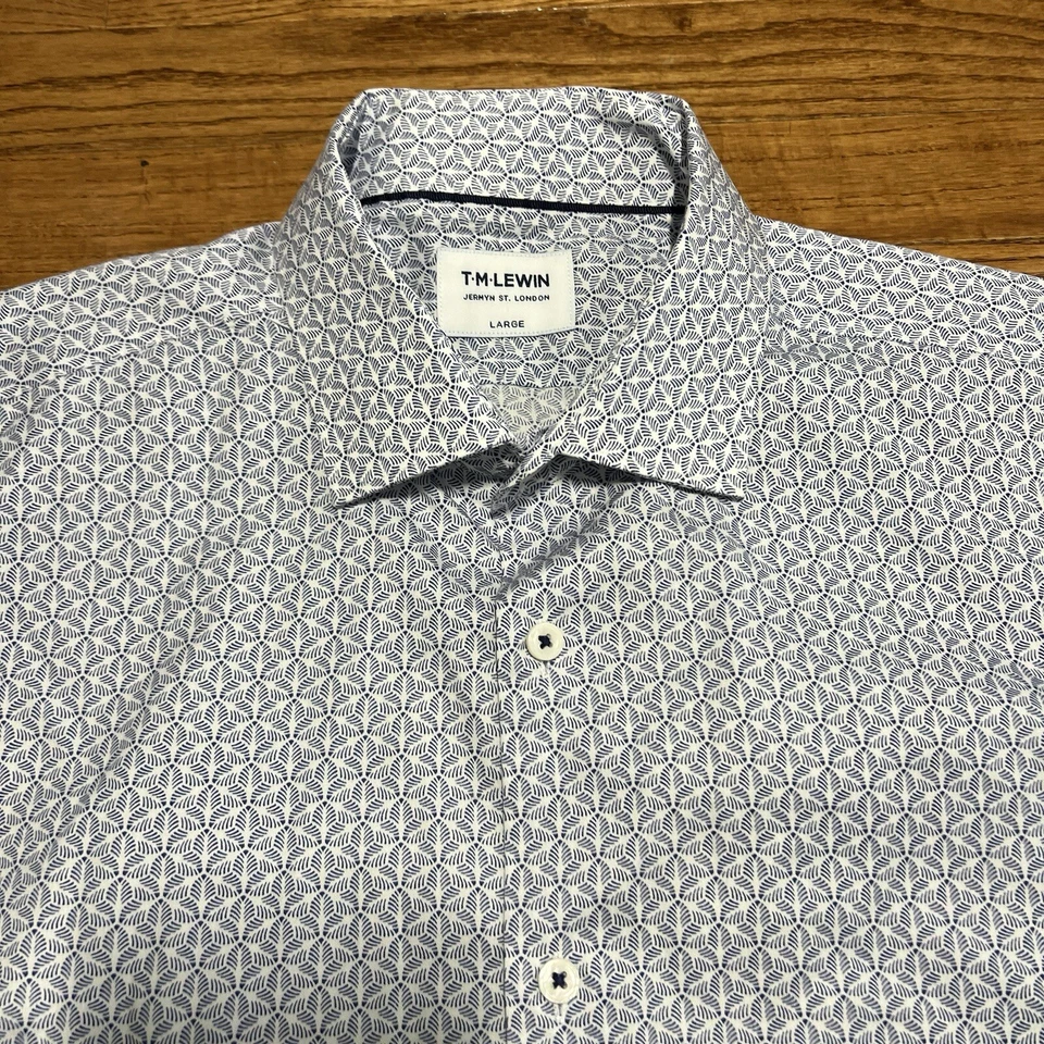 Camisa TM Lewin Para Hombres Grande Azul Blanco Geométrica Preppy Botón Frontal Algodón Prendas para el torso Foto 3 de 4