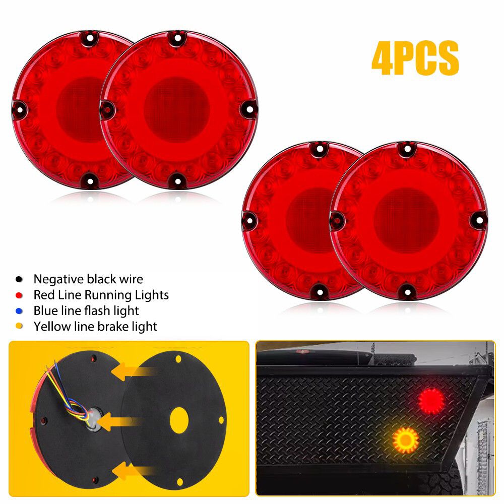 4X 7-Inch Round Red 36-LED Truck Trailer Brake, Stop, Parking, and Turn Signal Lights with Durable Design