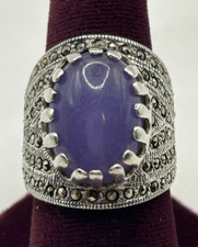 LARGE 925 STERLING SILVER CHALCEDONY AND MARCASITE RING SIZE 8