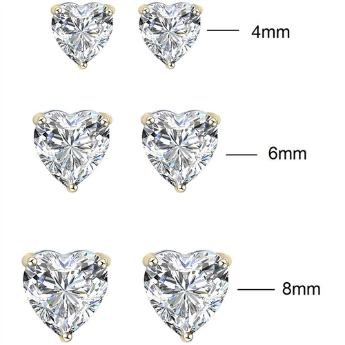 Savlano 3 Pair 14K Yellow Gold Plated CZ Heart Cut Stud Earrings 4mm 6mm & 8mm - Bild 2 von 4