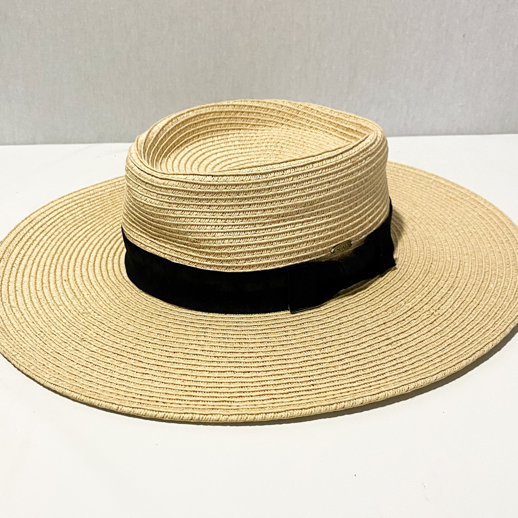 Scala Womens Straw Boater Hat Tan Black Hatband And Bow  display picture 1