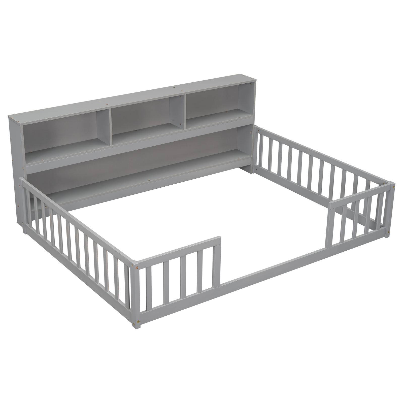 Wooden Full Size Floor Bed Frame W/Side Storage Bookcase/Shelves/Guardrails Gray