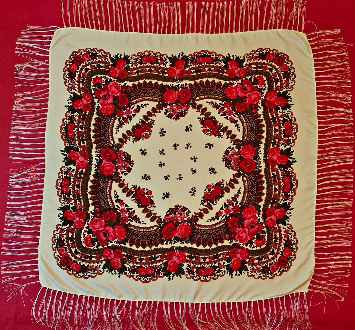 小物 ROSES SCARF SCARF VINTAGE AUTHENTIC FLORAL ART ROSES WHITE PINK WOOL