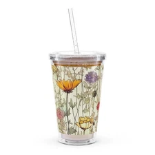 Vintage Botanical Floral Print Tumbler, Flower Tumbler, Clear plastic tumbler