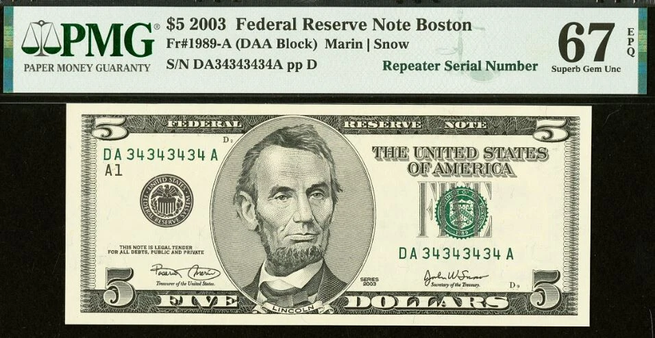 2003 $5 FRN PMG 67EPQ - Birthday Fancy Super Repeater Serial Number 34343434 - Image 2 of 3