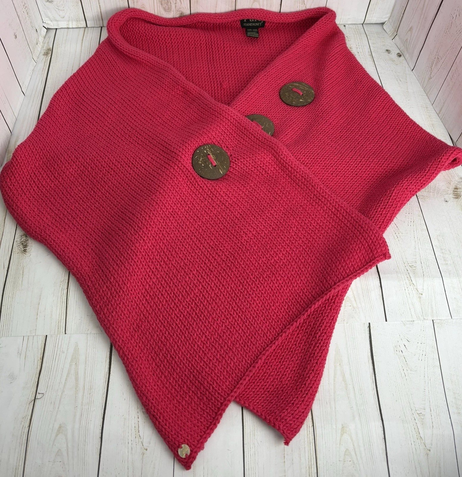 Pure Handknit Scarf Wrap Women's One Size Pink Cotton Coconut Button Shawl 1983
