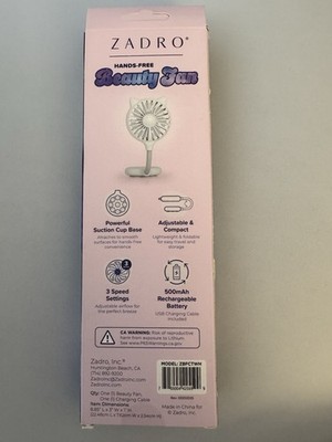 Zadro Mini Rechargeable Beauty Fan White 3 Speed Suction Cup Base