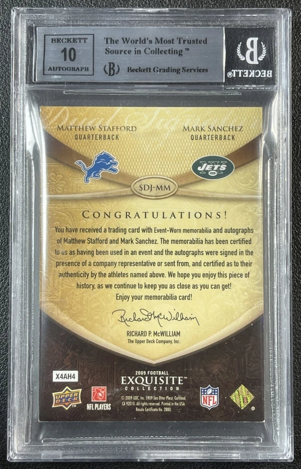 MATTHEW STAFFORD MARK SANCHEZ BGS 8.5 2009 UD EXQUISITE DUAL JERSEY AUTO 7/10 RC - Image 2 of 2