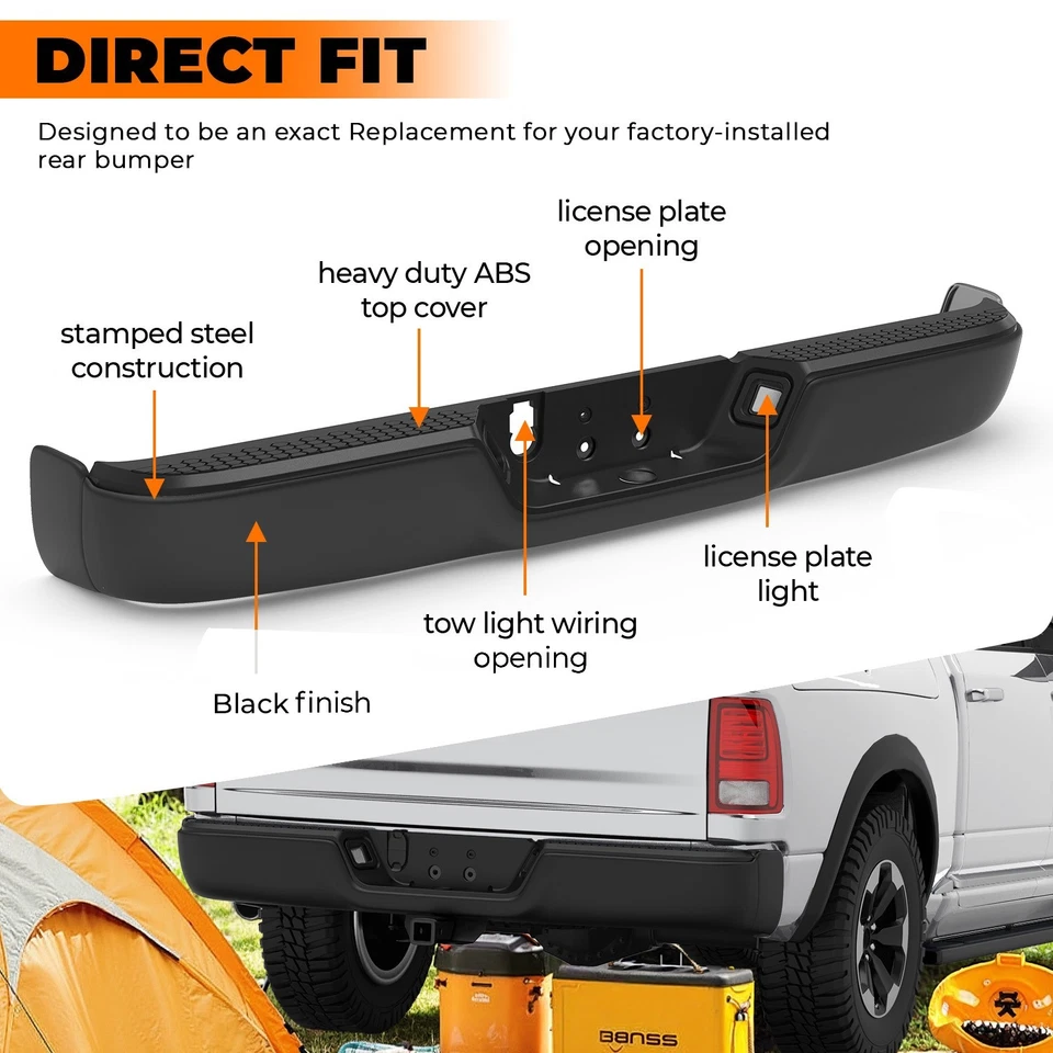 Black Rear Bumper For 2009-2018 Dodge Ram 1500 2010-12 2500 3500 w/o Sensor Hole Foto 2 de 4