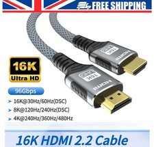 Braided HDMI 2.1 TV Cable Lead HDR 8K 60Hz 4K 120Hz 48Gbps eARC 0.5m/1m/2m/3m uk