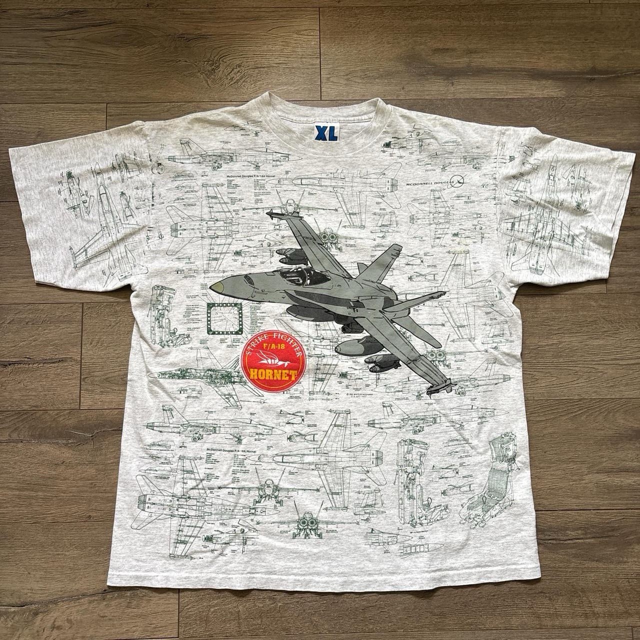 Men’s Grey Single Stitch 90s Strike Fighter Hornet F/A-18 AOP Tshirt Size XL