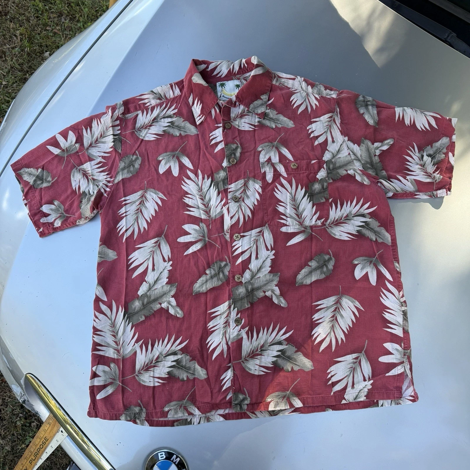 Vintage Banana Cabana 100% Silk Hawaiian Button Up Shirt Men’s L red Floral