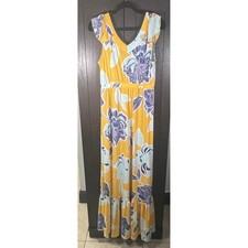 Iman Global Chic Yellow Floral Flutter Sleeve Maxi Dress Small Tall ST